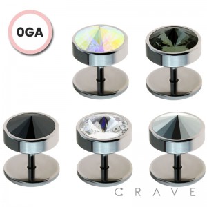 316L SURGICAL STEEL 0GA STEEL FAKE PLUG WITH SWAROVSKI GEM STONE